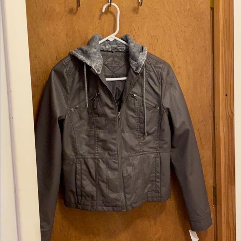 Gray Hooded Leather Jacket